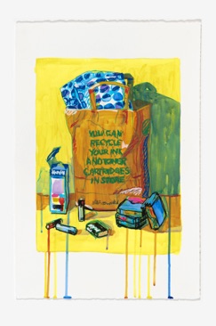 Ink cartridges and batteries - yellow_mixed media_acrylic and posca pens_56x38cm